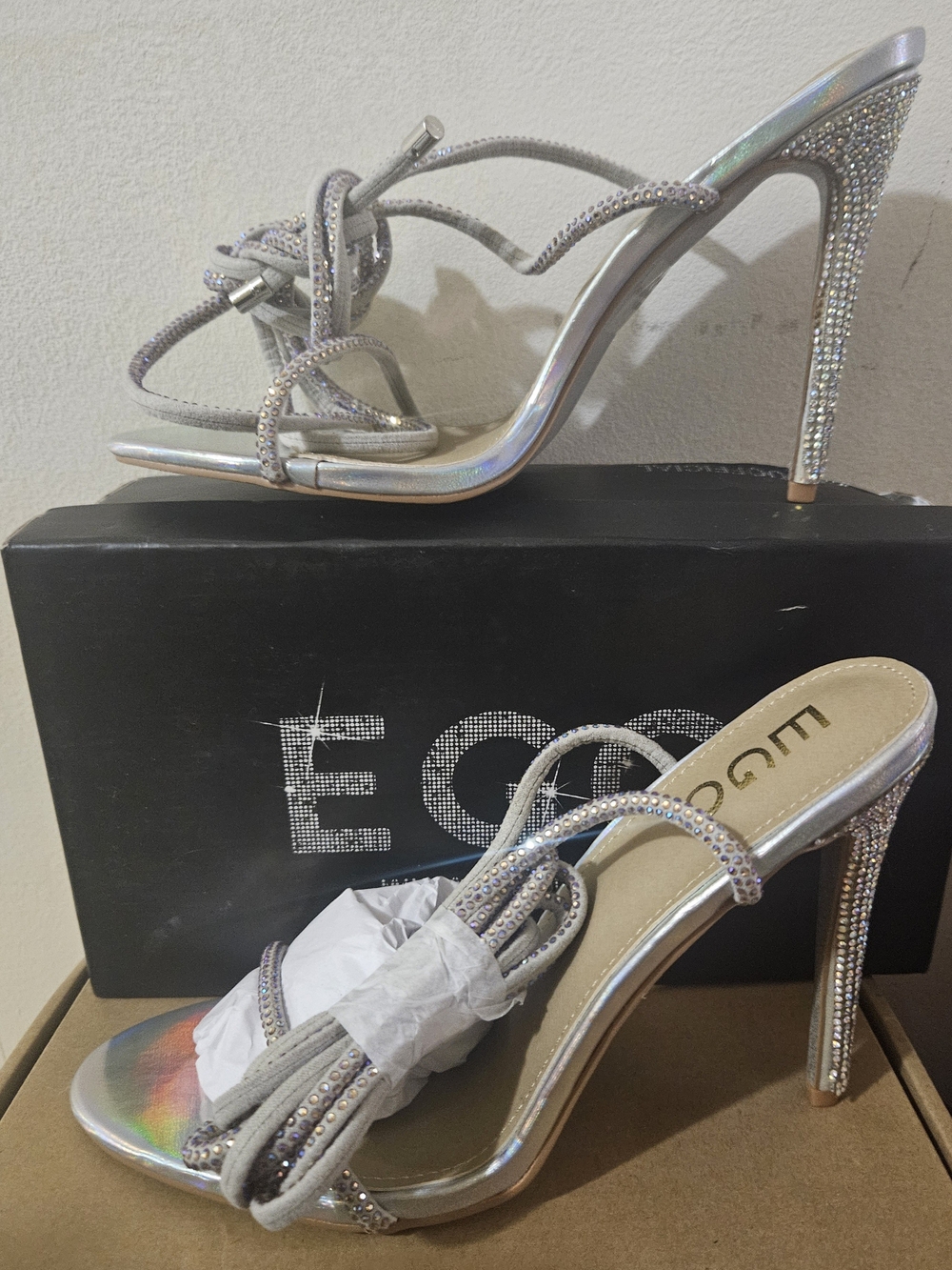 EGO Silver Crystal Embellished Strappy High Heels - Picture 1 of 7